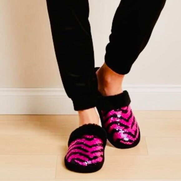 Wild Diva Shoes - Pink and Black Sequin Faux Fur Slippers